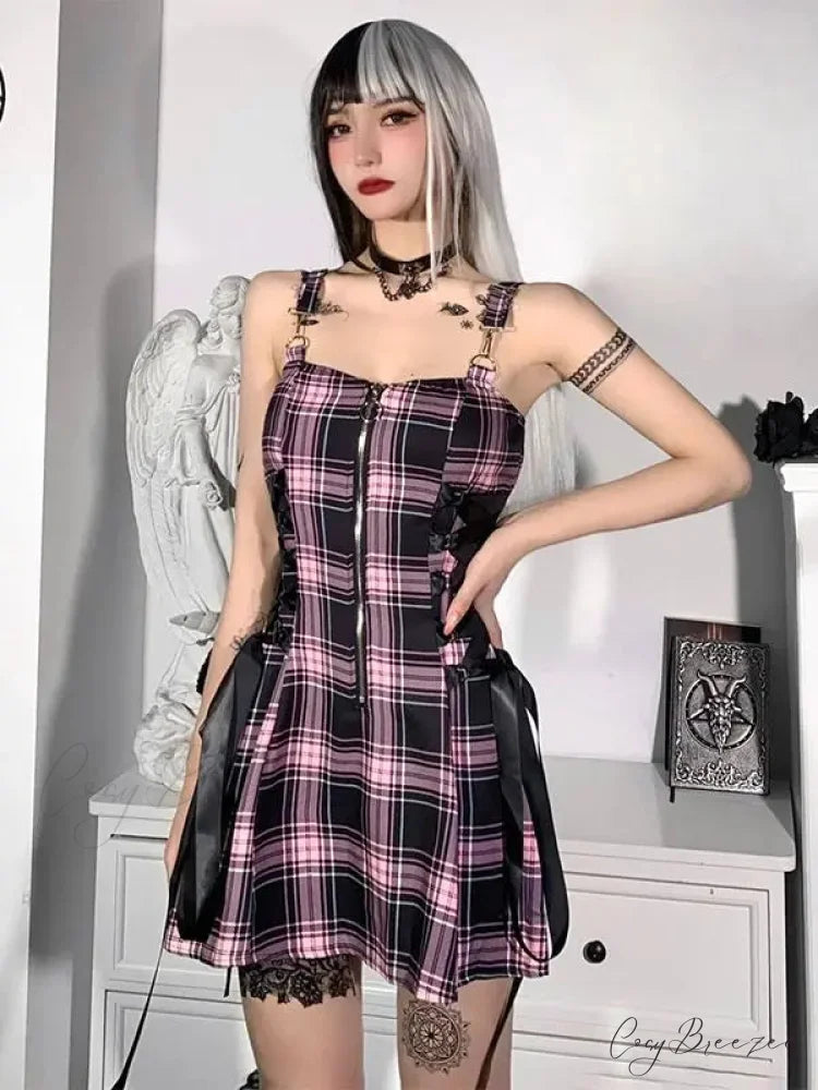 High Waist Spaghetti Strap Plaid Mini Mall Goth Grunge Punk Emo Sexy Party Zipper Aesthetic Dress Pink / S