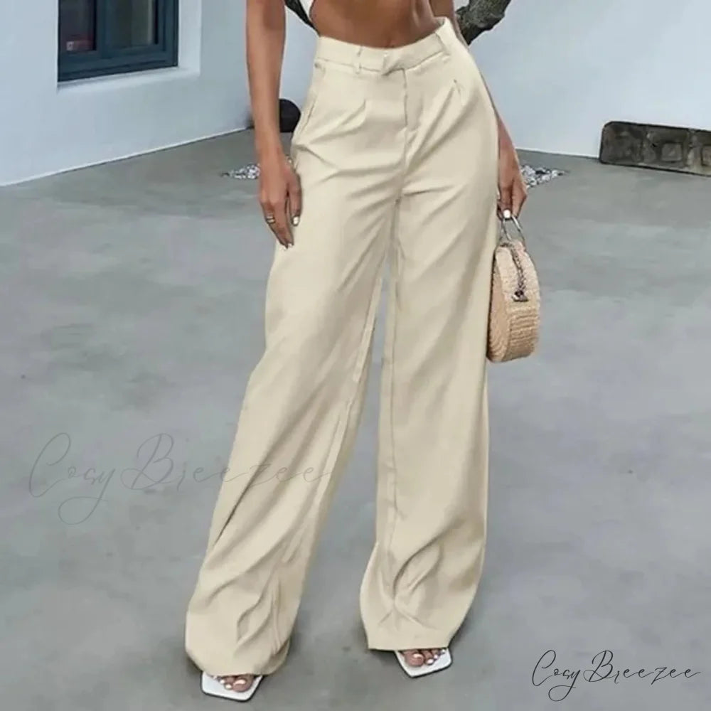 High Waist Tie Side Pleated Pants Beige / S pants-241228