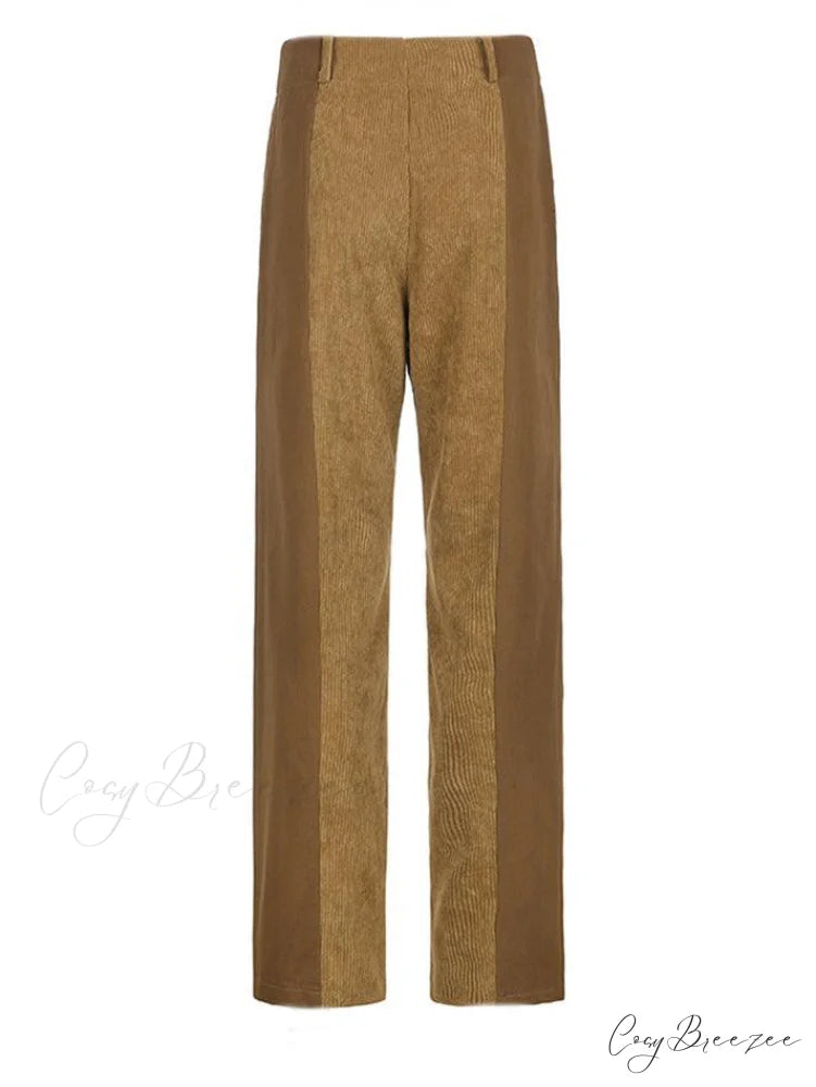 High Waist Wide Trendy Leg PU Pants Khaki / S