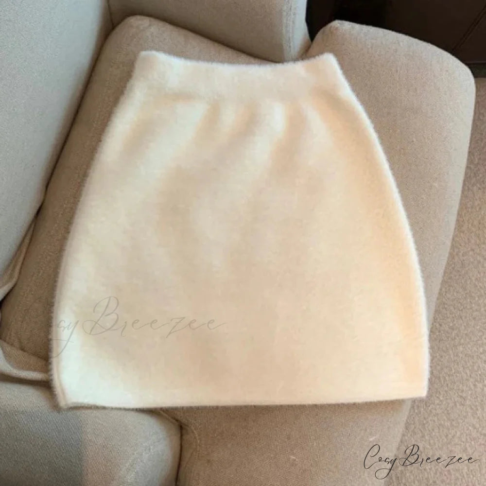 High Waist Wrap Hip Furry Elegant Wild Woolen Autumn Winter Mini Skirt WHITE / One Size