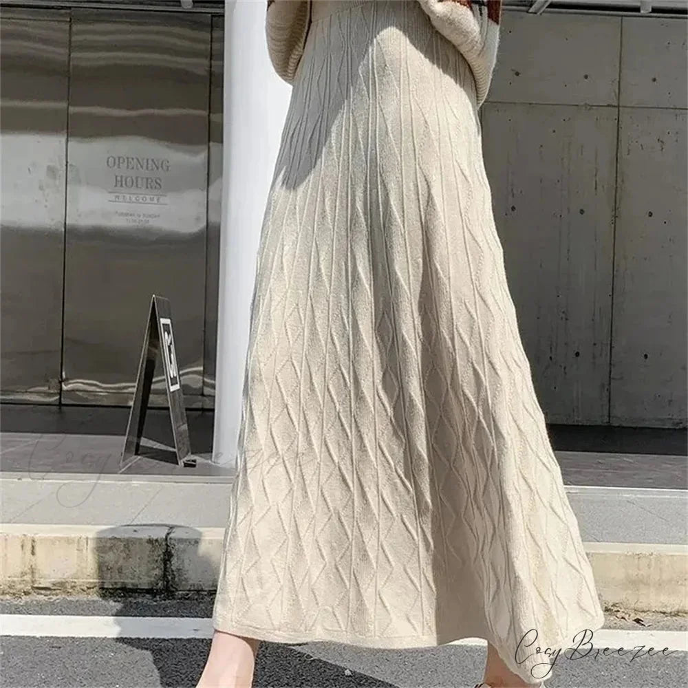 High Waisted Slim Knitted A-Line Woolen Autumn Winter Fashionable Umbrella Skirt