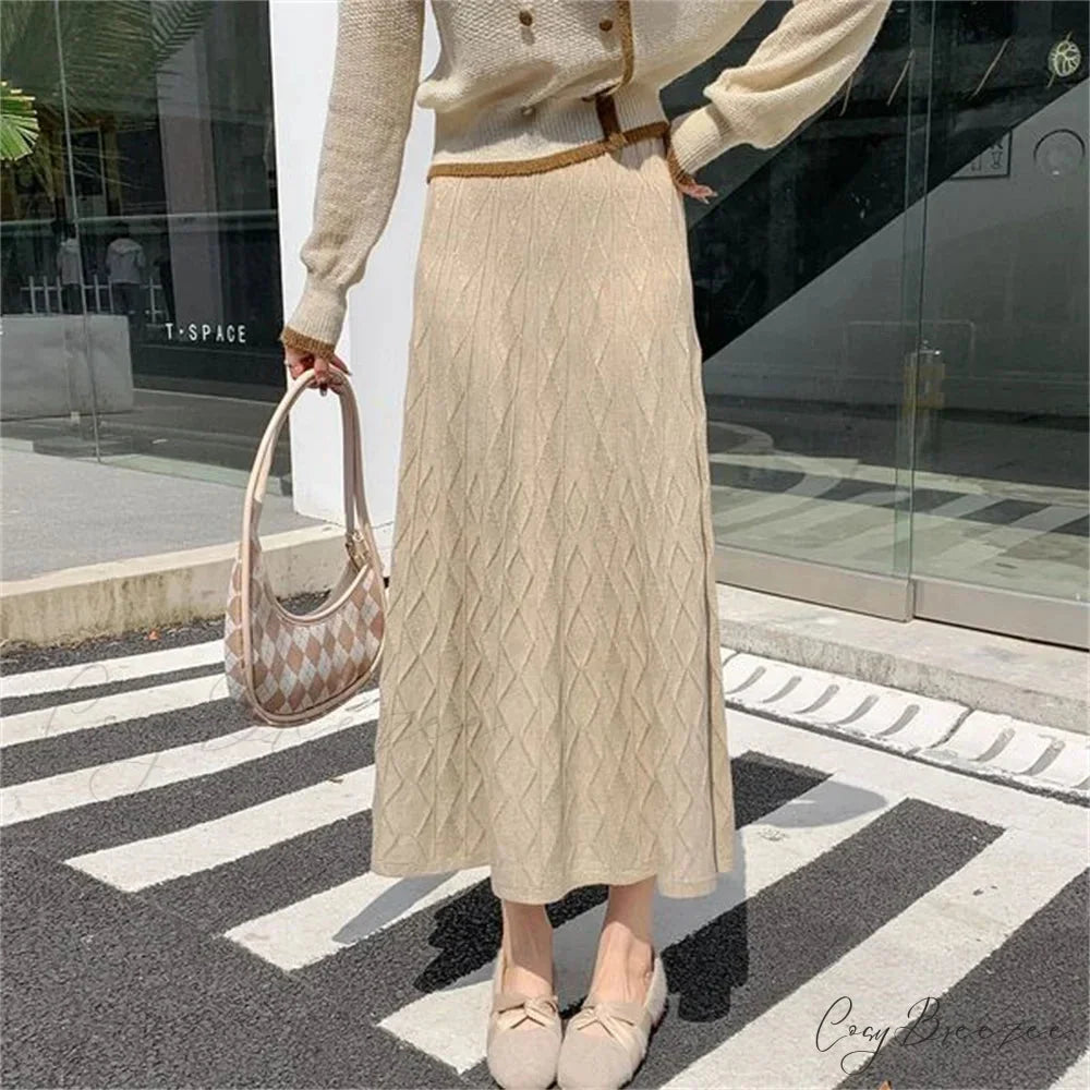 High Waisted Slim Knitted A-Line Woolen Autumn Winter Fashionable Umbrella Skirt