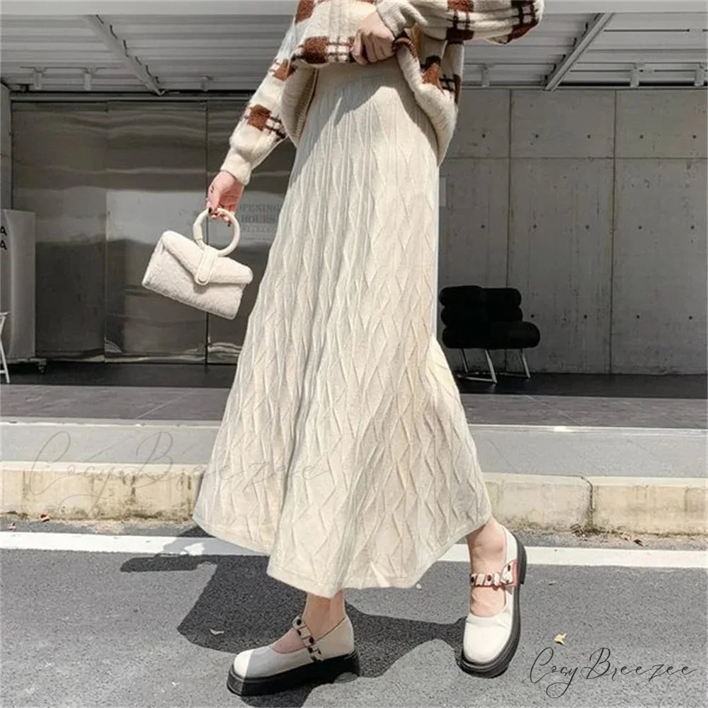 High Waisted Slim Knitted A-Line Woolen Autumn Winter Fashionable Umbrella Skirt APRICOT / S