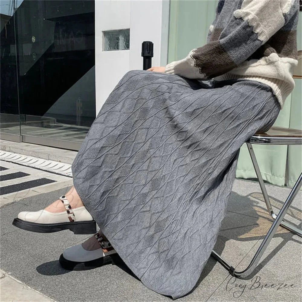 High Waisted Slim Knitted A-Line Woolen Autumn Winter Fashionable Umbrella Skirt Dark Grey / S