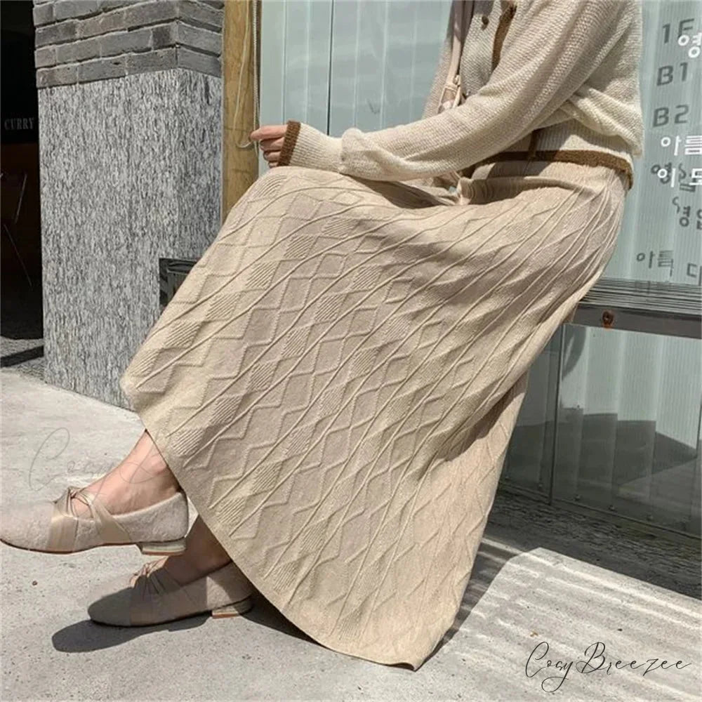 High Waisted Slim Knitted A-Line Woolen Autumn Winter Fashionable Umbrella Skirt Khaki / S