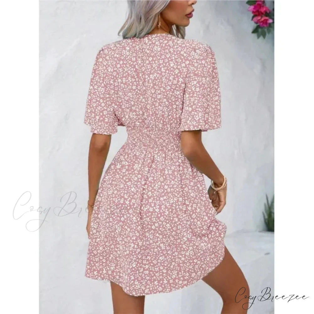 High Waisted V-neck Pleated Floral Dress oldfloraldress-250126
