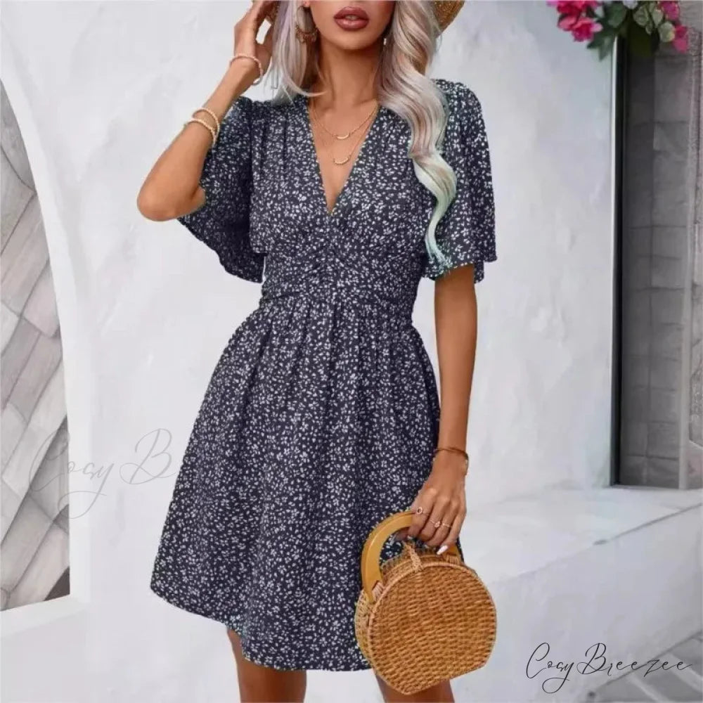 High Waisted V-neck Pleated Floral Dress oldfloraldress-250126