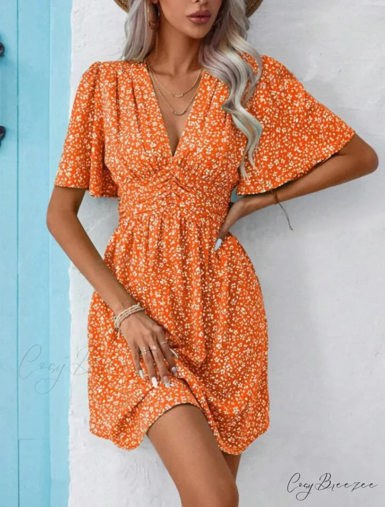 High Waisted V-neck Pleated Floral Dress Orange / S oldfloraldress-250126