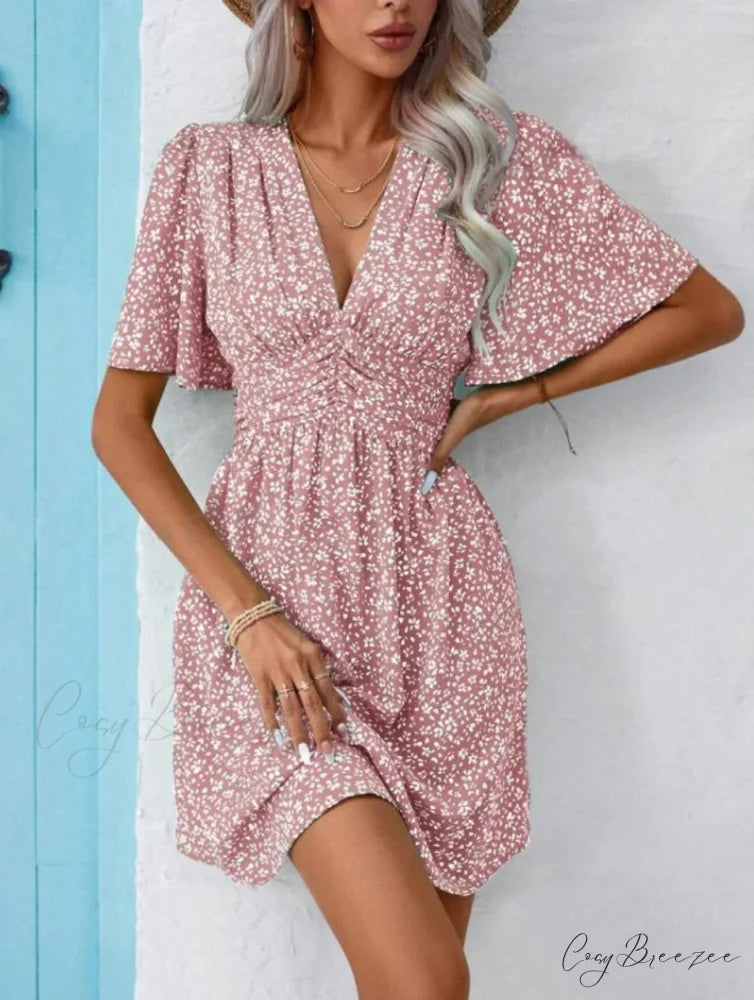 High Waisted V-neck Pleated Floral Dress Pink / S oldfloraldress-250126