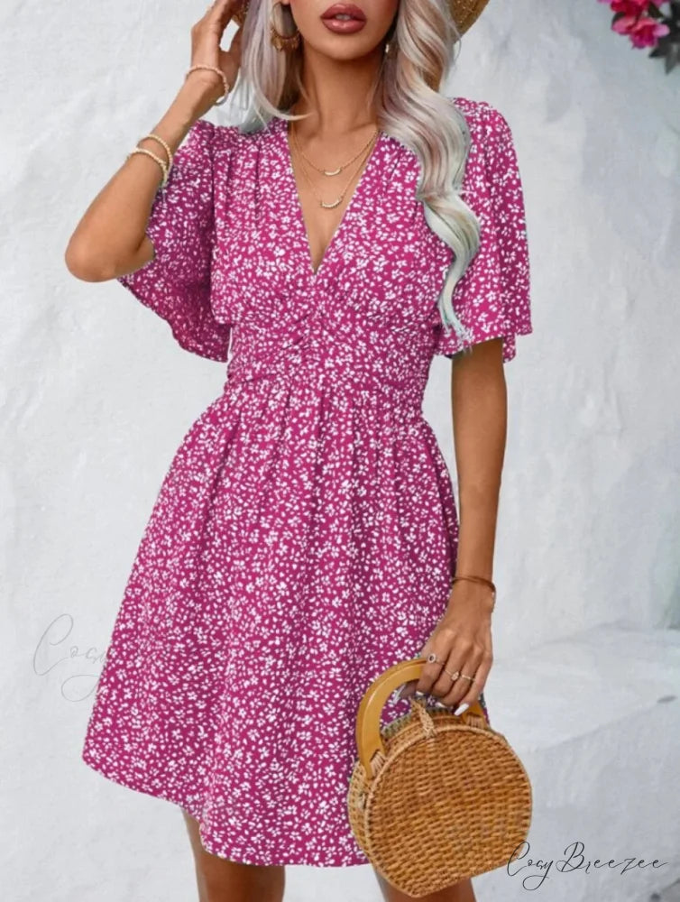 High Waisted V-neck Pleated Floral Dress Rose red / S oldfloraldress-250126