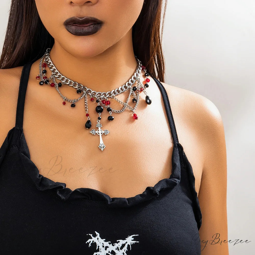 Hip-hop Cross Pendant Dark Gothic Necklace WHITE