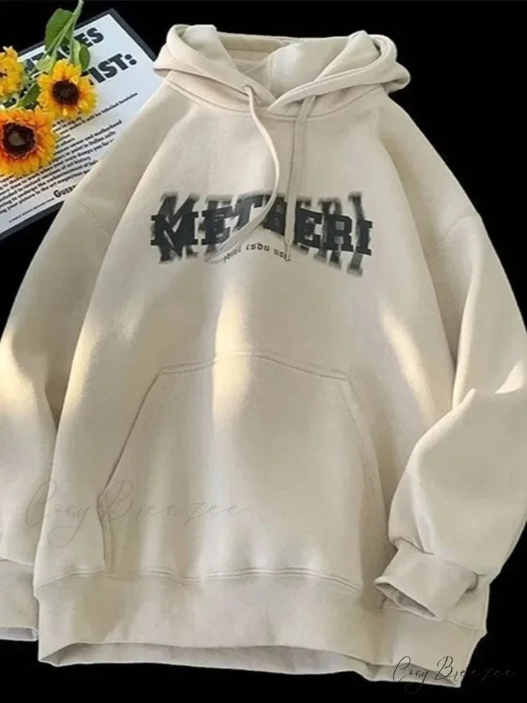 Hip Hop Letter Print Cotton Fleece Hoodie apricot / M(40-45KG) hoodies-241228