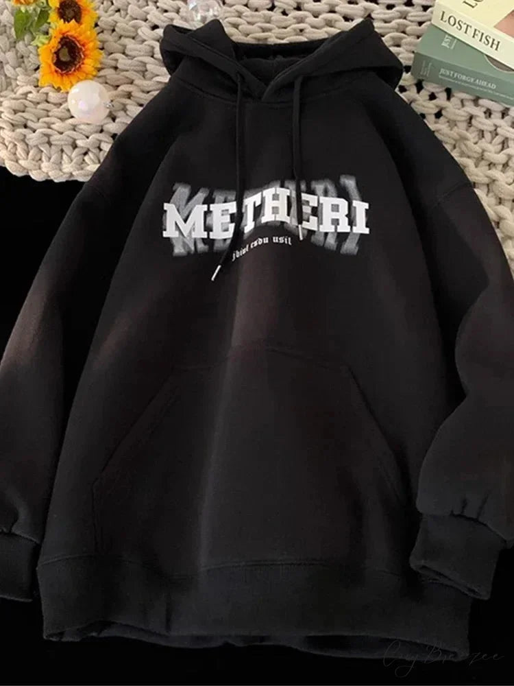 Hip Hop Letter Print Cotton Fleece Hoodie Black / M(40-45KG) hoodies-241228