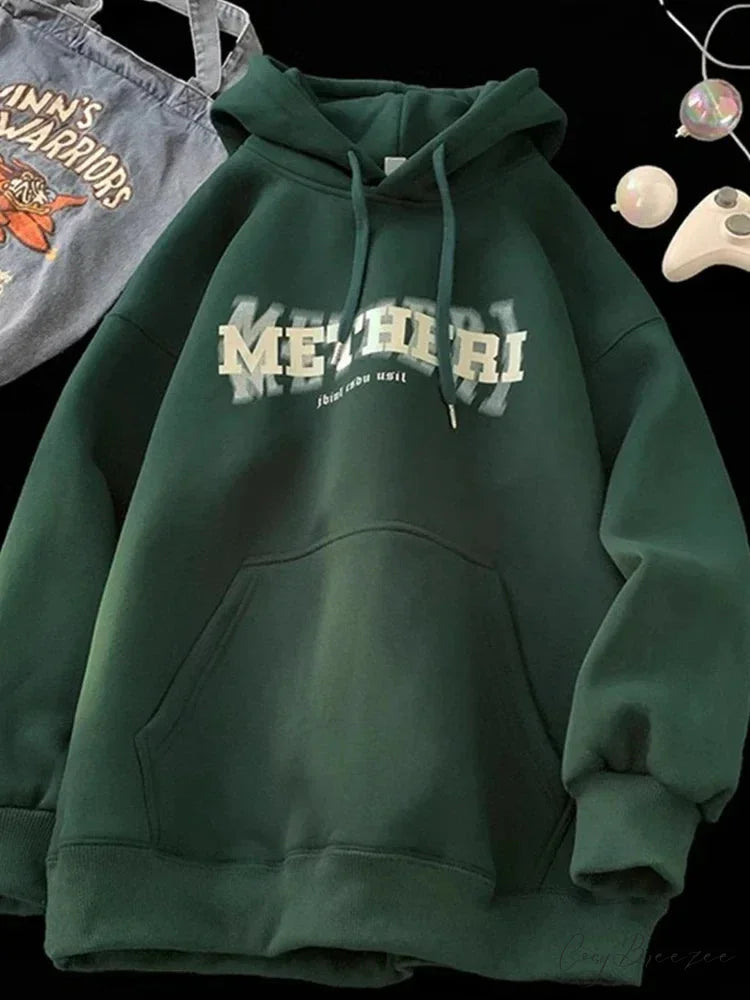 Hip Hop Letter Print Cotton Fleece Hoodie Green / M(40-45KG) hoodies-241228