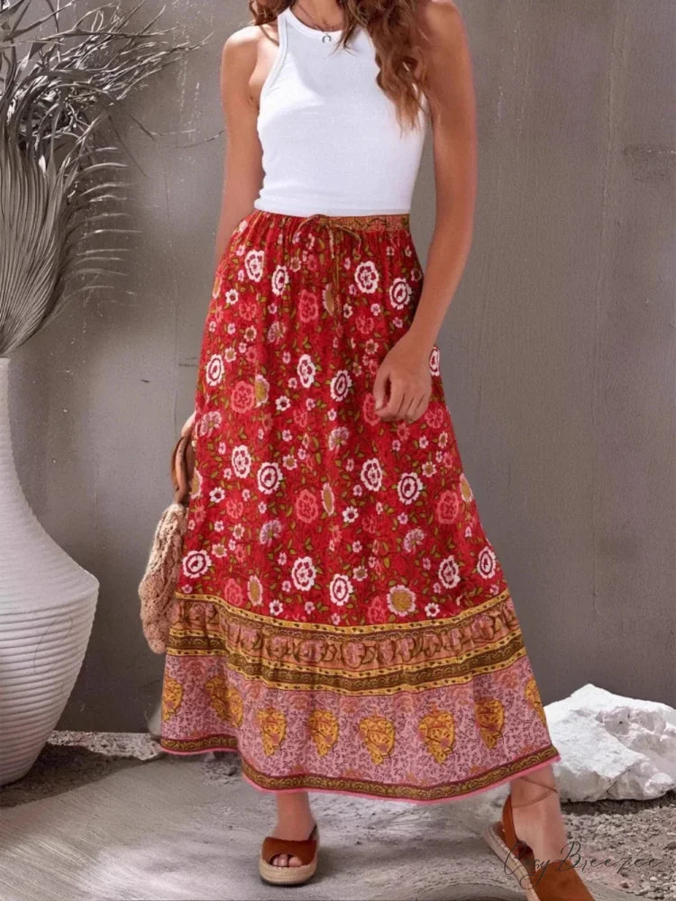 Hippie Vintage Floral Beach Bohemian High Waist Maxi Skirt Red / S skirt-250126