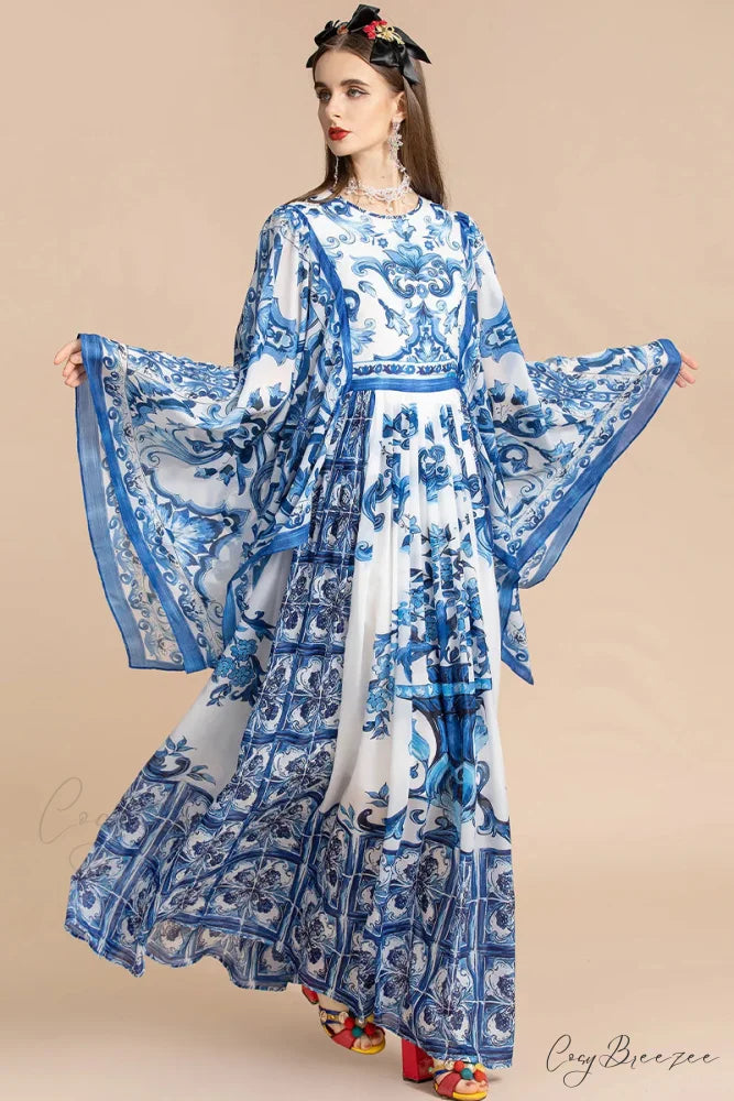 Holiday Glam Mediterraneo Trendy Print Kimono-Sleeve Maxi Dress
