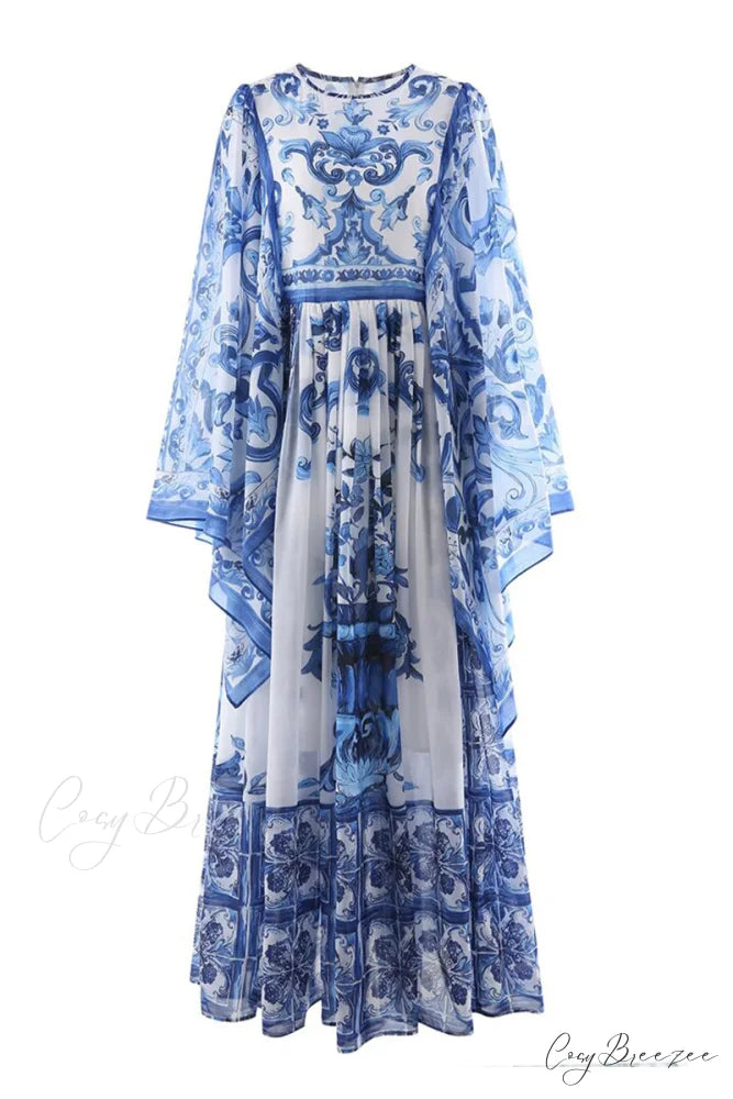Holiday Glam Mediterraneo Trendy Print Kimono-Sleeve Maxi Dress