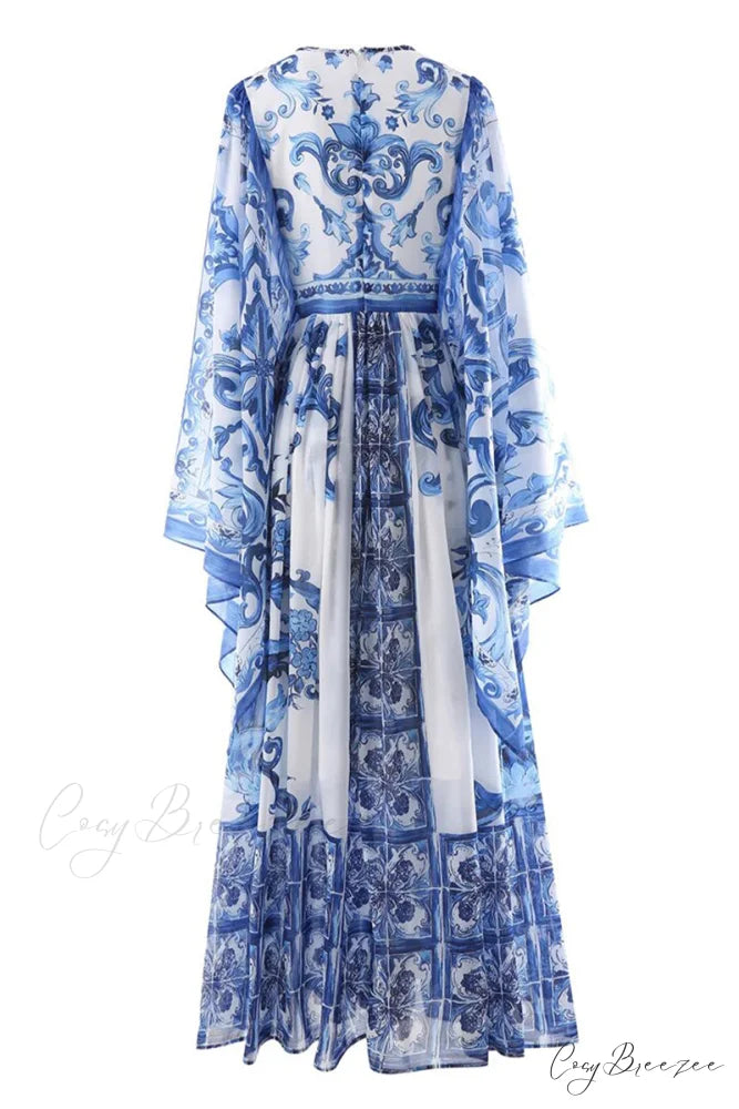Holiday Glam Mediterraneo Trendy Print Kimono-Sleeve Maxi Dress