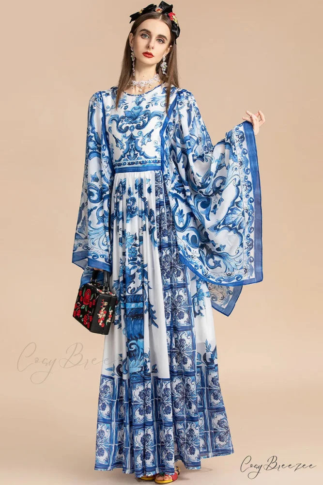 Holiday Glam Mediterraneo Trendy Print Kimono-Sleeve Maxi Dress