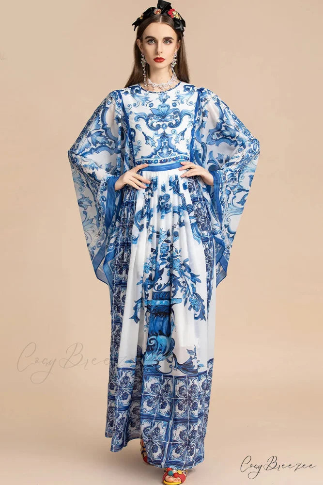 Holiday Glam Mediterraneo Trendy Print Kimono-Sleeve Maxi Dress