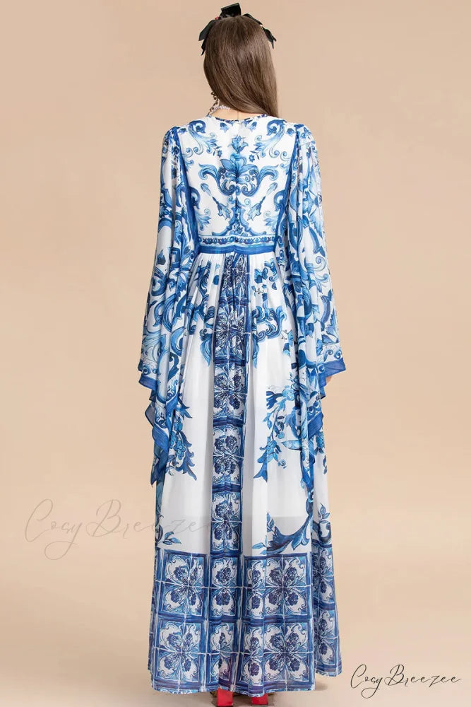 Holiday Glam Mediterraneo Trendy Print Kimono-Sleeve Maxi Dress