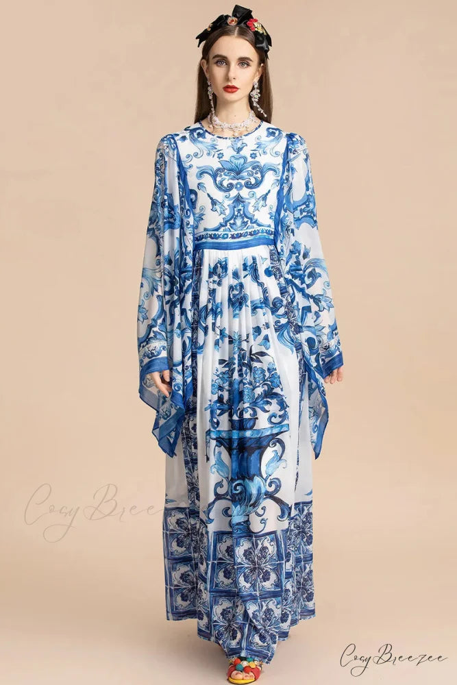Holiday Glam Mediterraneo Trendy Print Kimono-Sleeve Maxi Dress Blue / S