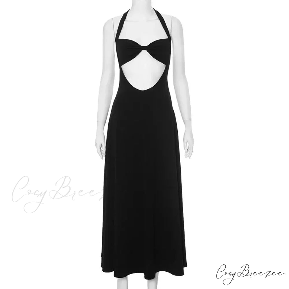 Hollow Backless Slim Sleeveless Party-ready Bandaged Evening Midi Dress Black / S