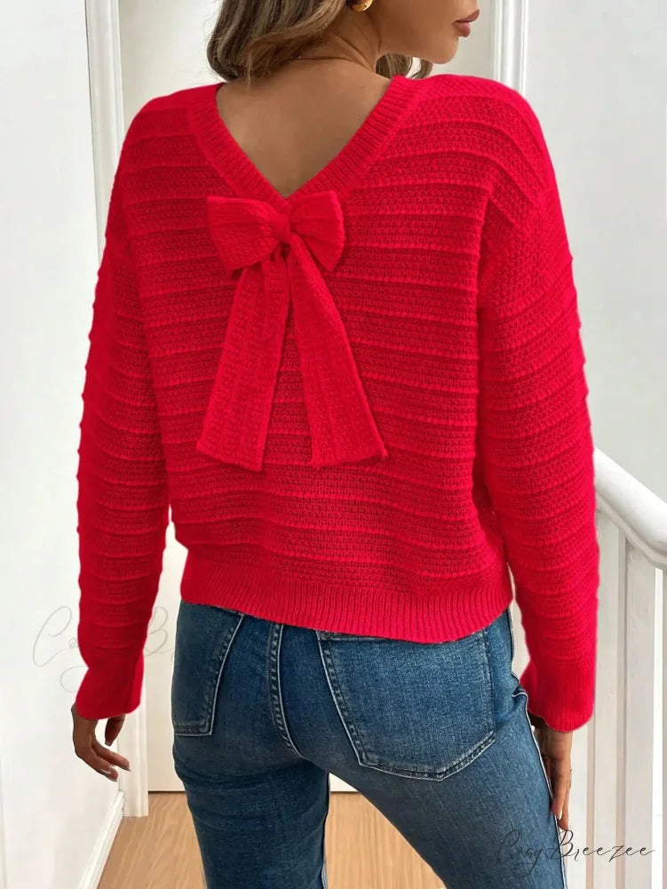 Hollow Bow Striped Long Sleeve Sweater Red / S swraters-241228