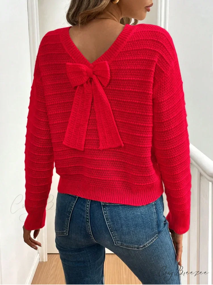 Hollow Bow Striped Long Sleeve Sweater swraters-241228