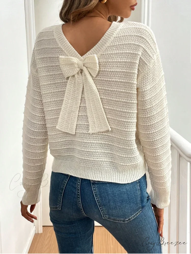 Hollow Bow Striped Long Sleeve Sweater swraters-241228