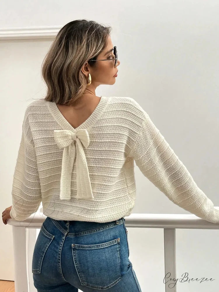 Hollow Bow Striped Long Sleeve Sweater White / S swraters-241228
