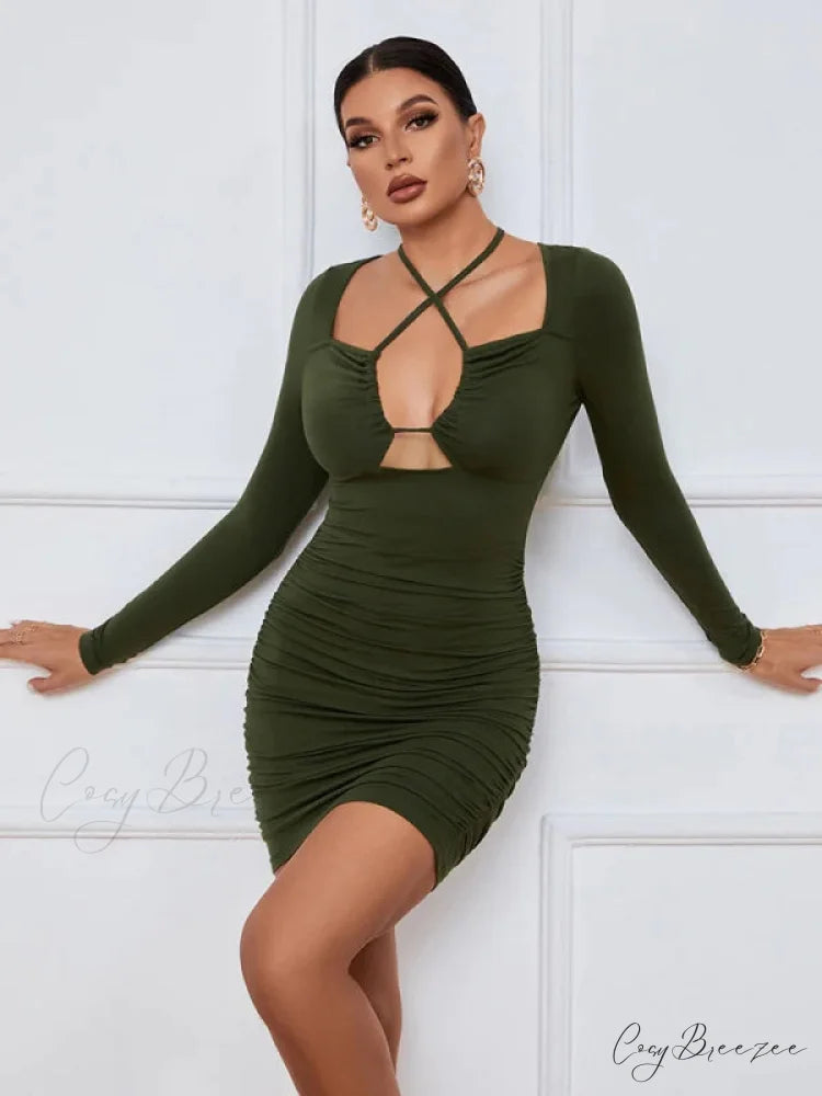 HOLLOW LONG SLEEVE SHORT DRESS M / black