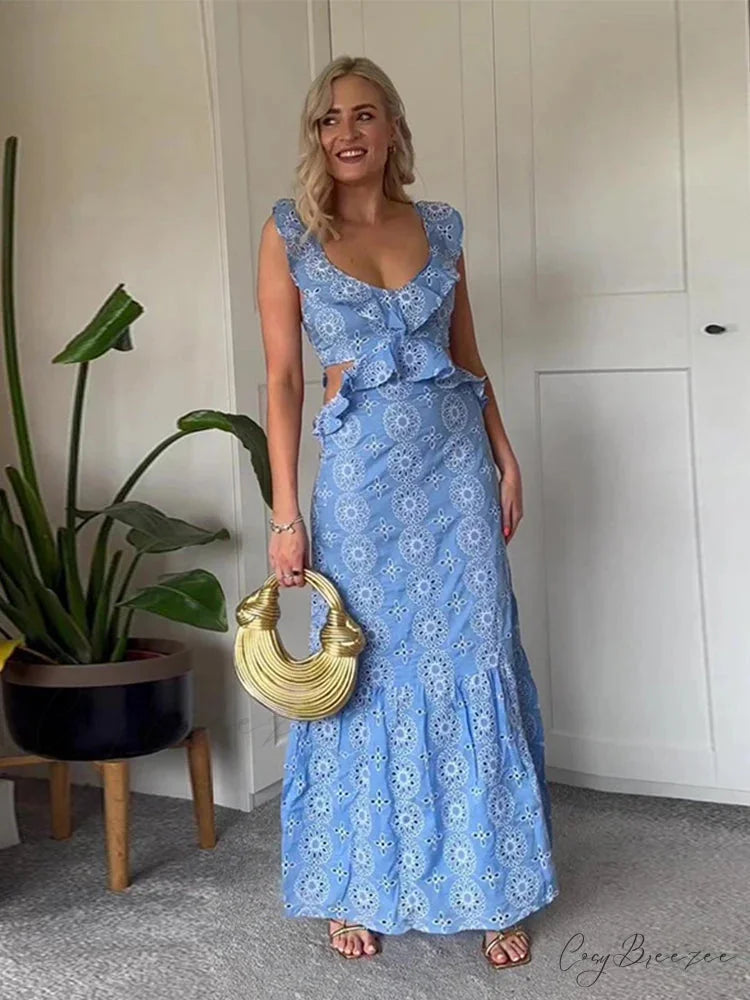 Hollow Out Embroidery Backless Ruffle Maxi Dress floraldress-250126