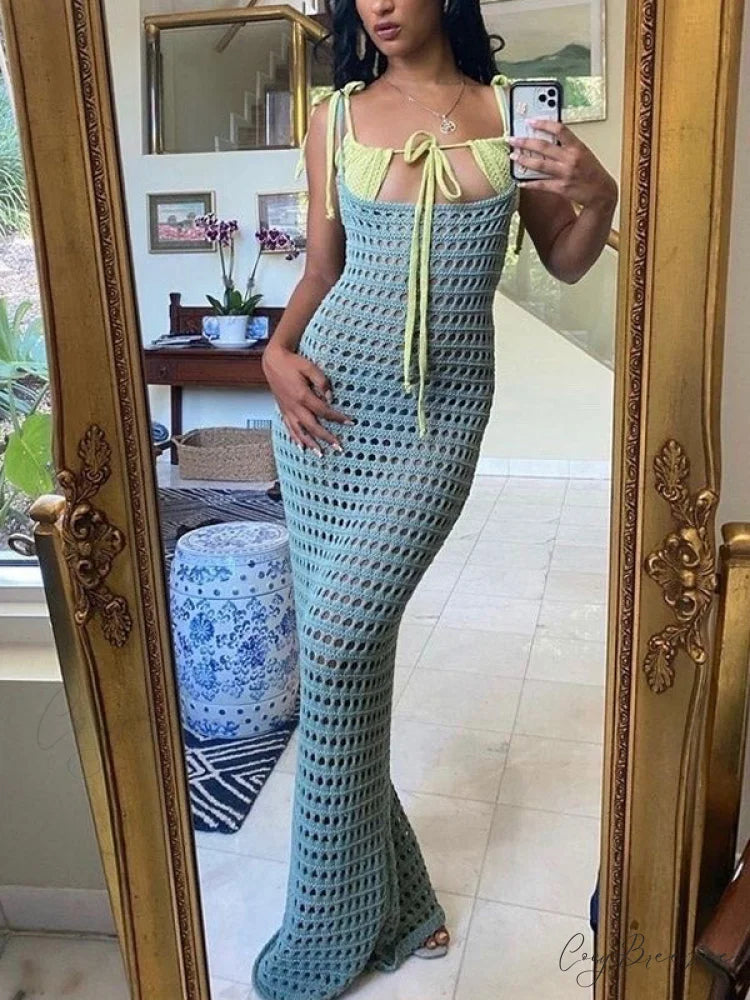 Hollow Out Graceful Bodycon Maxi Dress Blue / S