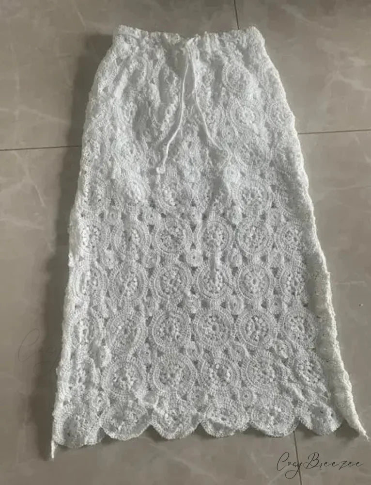 Hollow Out Lace Maxi Skirt Summer Long Women Lace Skirt WHITE / One Size skirt-250126