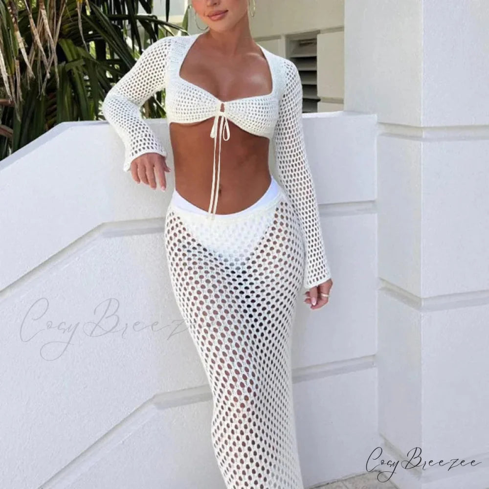 Hollow Out Long Sleeve Tie-Up Crop Top Bodycon Maxi Skirt Set twopiecesset-250126
