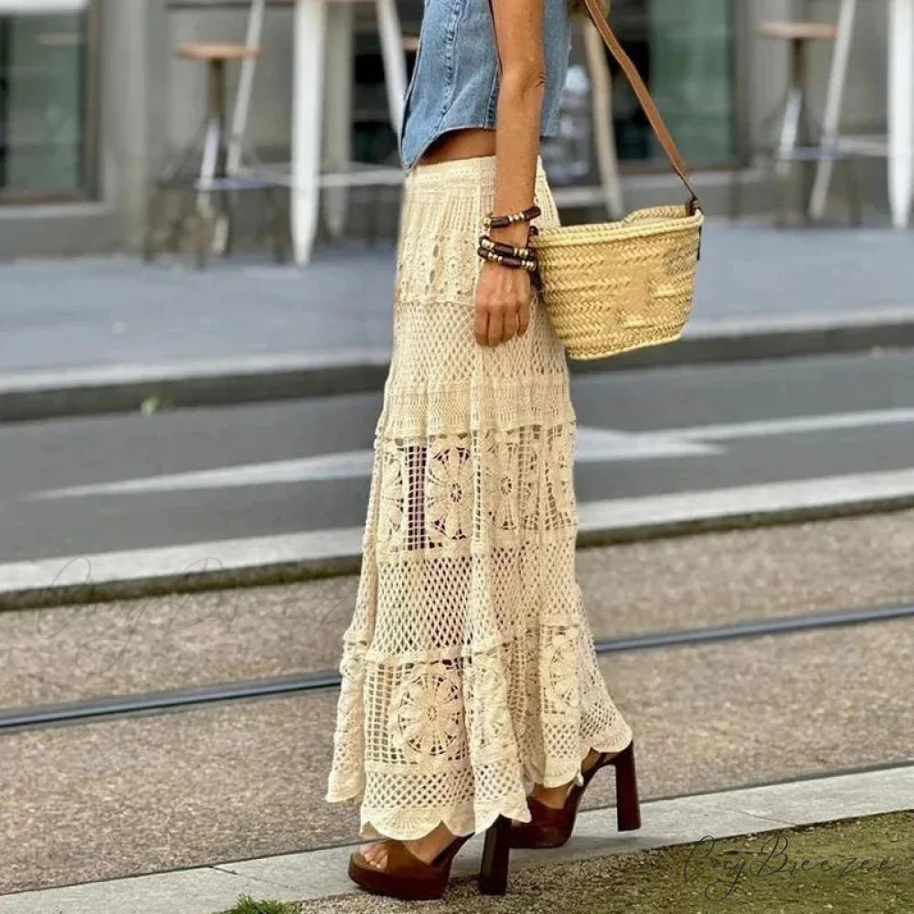 Hollow Out Maxi Skirt Solid Color A-line Hook Romantic Holiday Beige / One Size skirt-250126