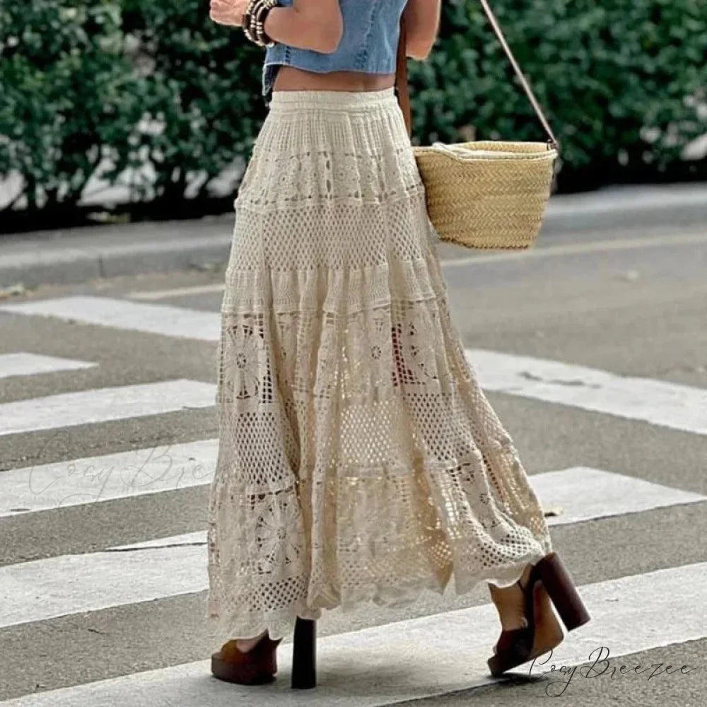 Hollow Out Maxi Skirt Solid Color A-line Hook Romantic Holiday Beige / One Size skirt-250126