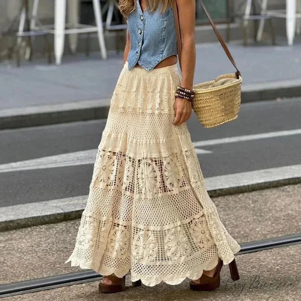 Hollow Out Maxi Skirt Solid Color A-line Hook Romantic Holiday Beige / One Size skirt-250126