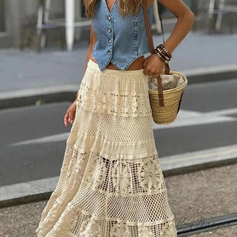 Hollow Out Maxi Skirt Solid Color A-line Hook Romantic Holiday Beige / One Size skirt-250126