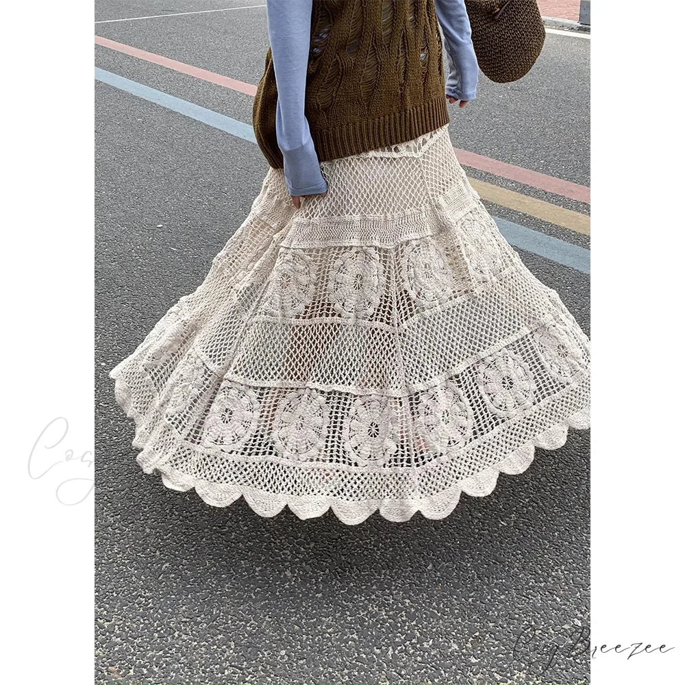 Hollow Out Maxi Skirt Solid Color A-line Hook Romantic Holiday Beige / One Size skirt-250126