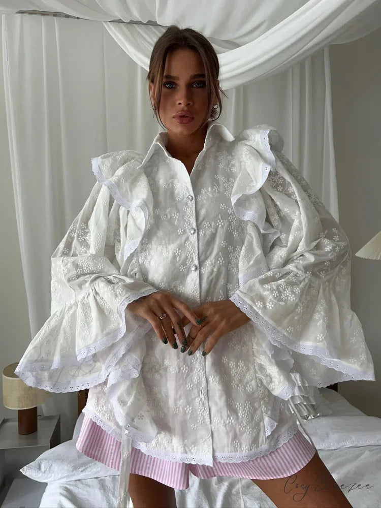 Hollow Out Ruffled Edge White Blouse blouse-250223