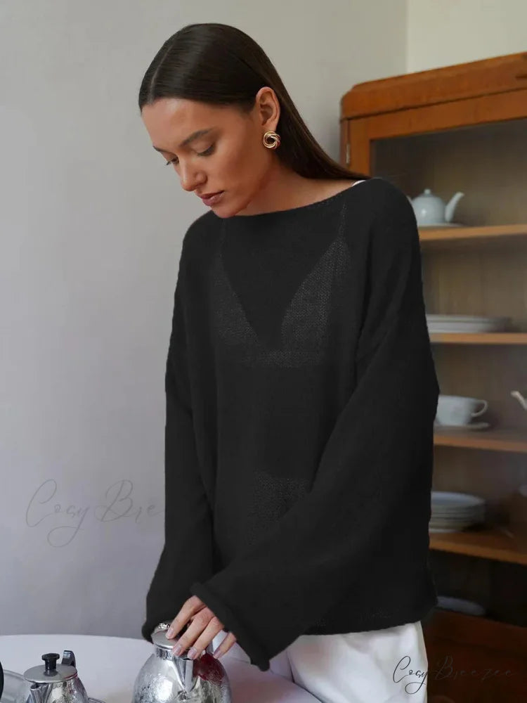 Hollow See-through O-neck Long Sleeve Sweater Black / S swraters-241228