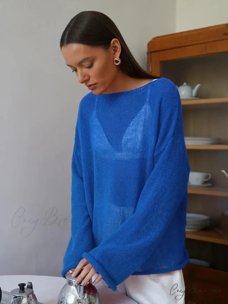 Hollow See-through O-neck Long Sleeve Sweater Blue / S swraters-241228