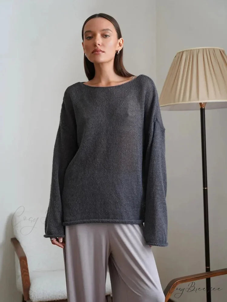 Hollow See-through O-neck Long Sleeve Sweater Dark Gray / S swraters-241228