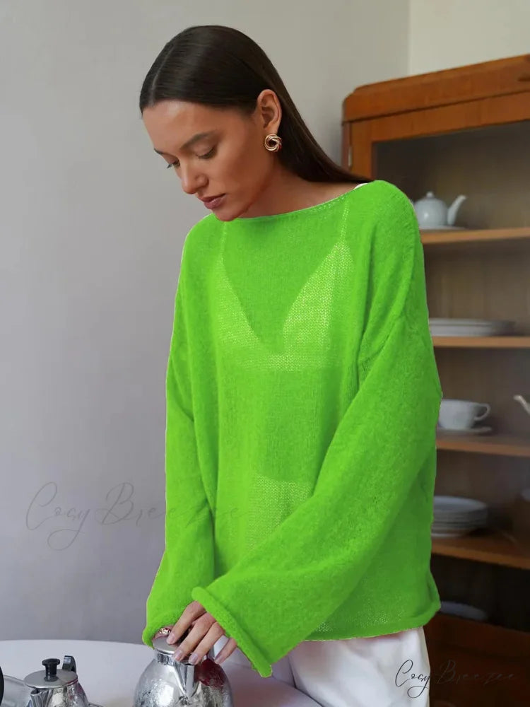 Hollow See-through O-neck Long Sleeve Sweater Green / S swraters-241228