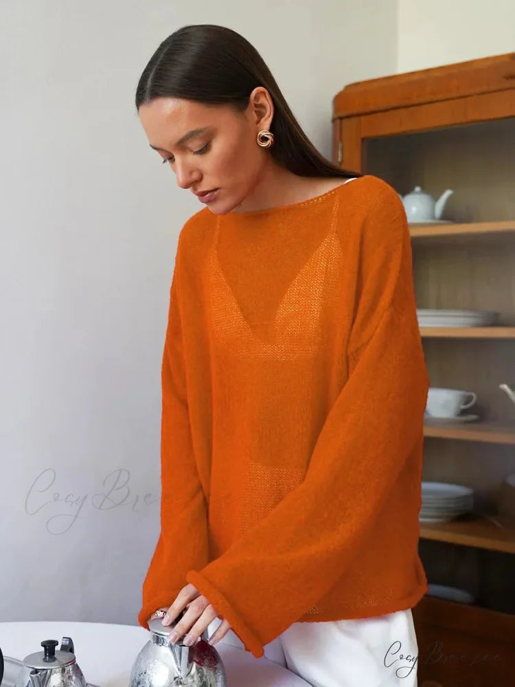 Hollow See-through O-neck Long Sleeve Sweater Orange / S swraters-241228