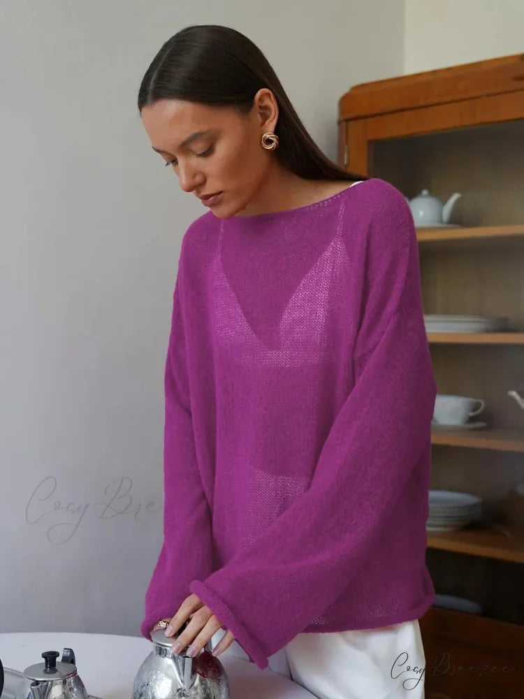 Hollow See-through O-neck Long Sleeve Sweater Purple / S swraters-241228