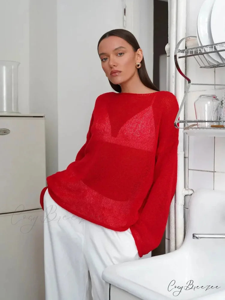 Hollow See-through O-neck Long Sleeve Sweater Red / S swraters-241228