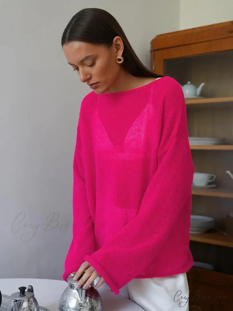 Hollow See-through O-neck Long Sleeve Sweater Rose Red / S swraters-241228